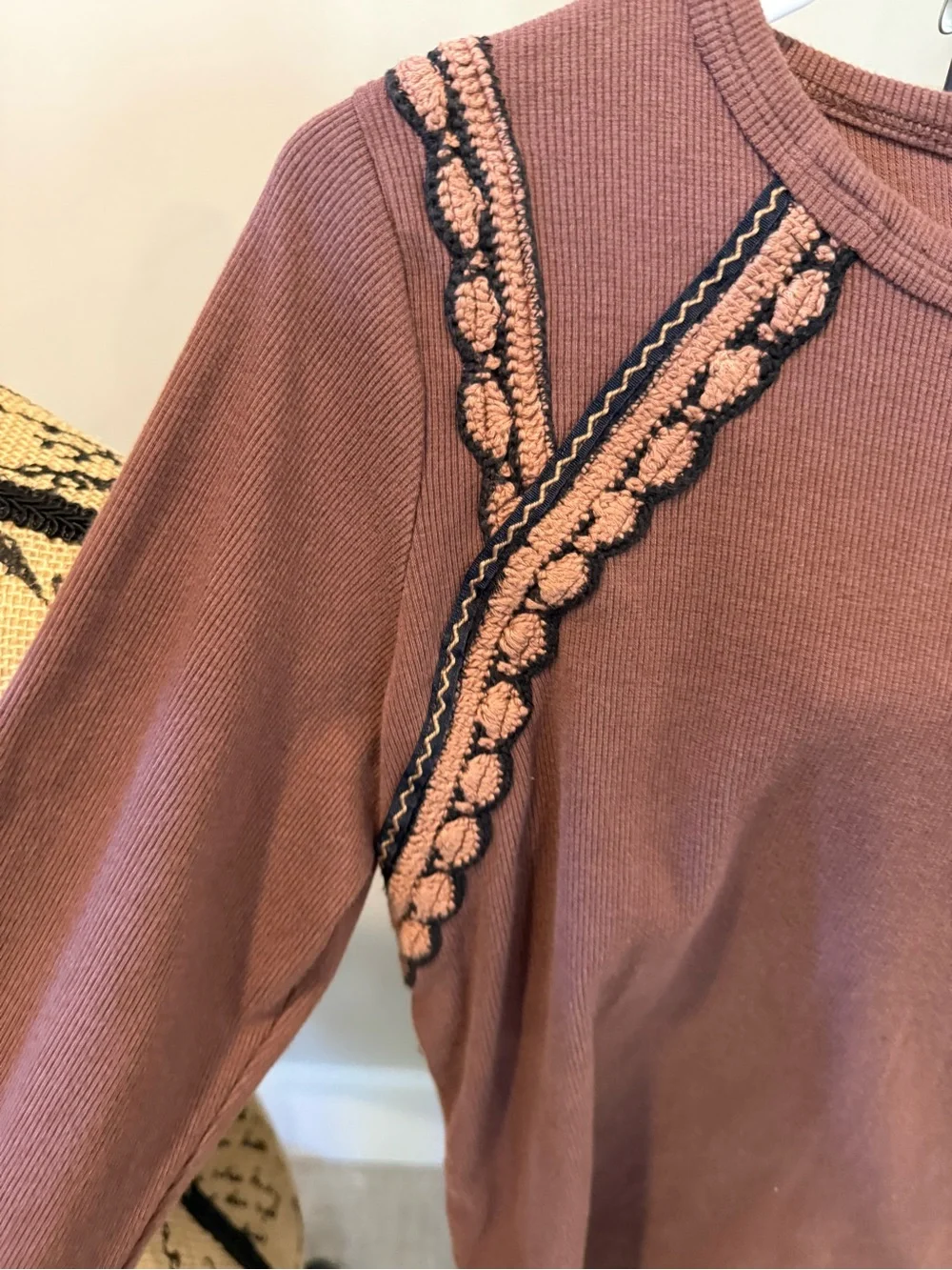 Free People Brown Embellished Long Sleeve Crewneck Top